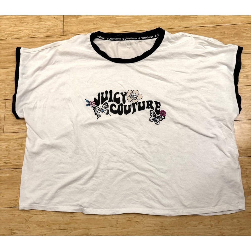 Vtg Y2K Juicy Couture Womens Size‎ XL Butterfly Cropped Babydoll Gem Top White